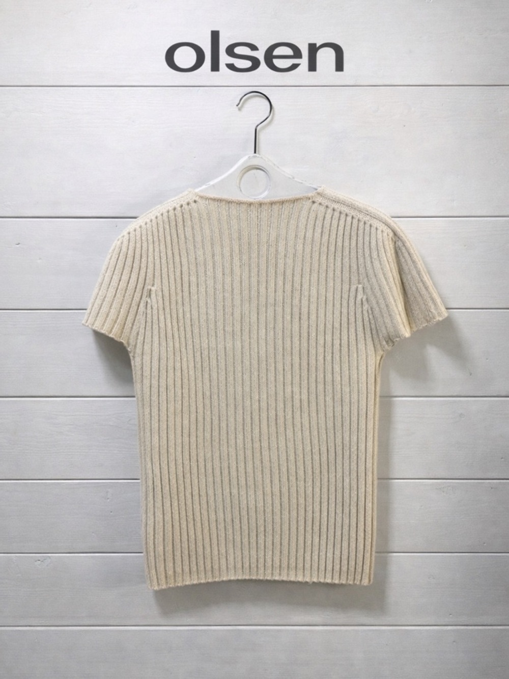 OLSEN Beige Ribbed Knit Short Sleeve Sweater Top – Estimated Size M
